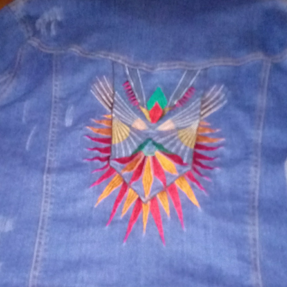 Aztec Distressed look denim jacket plus size 2x